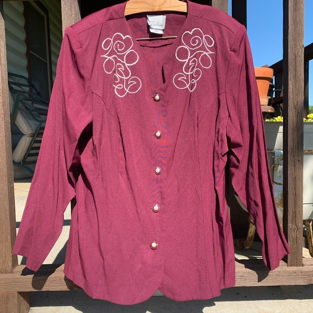 Vintage maroon floral embroidered button down church blouse 20W PLUS SIZE